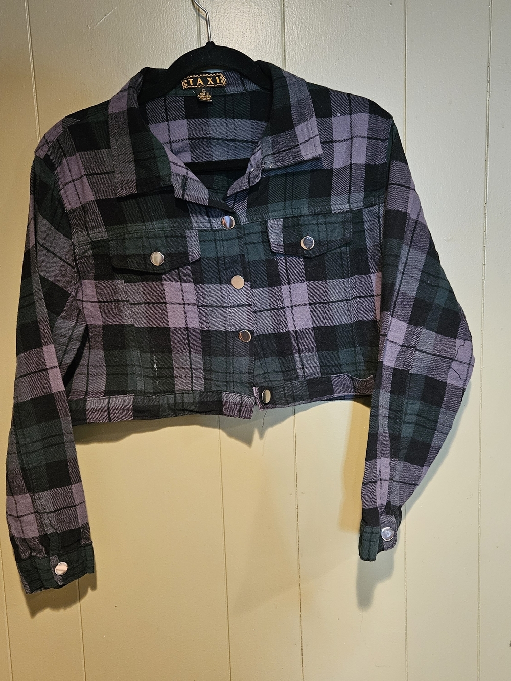 Taxi Cropped Plaid Jacket Women’s XL Purple Black Grunge Flannel Button Front